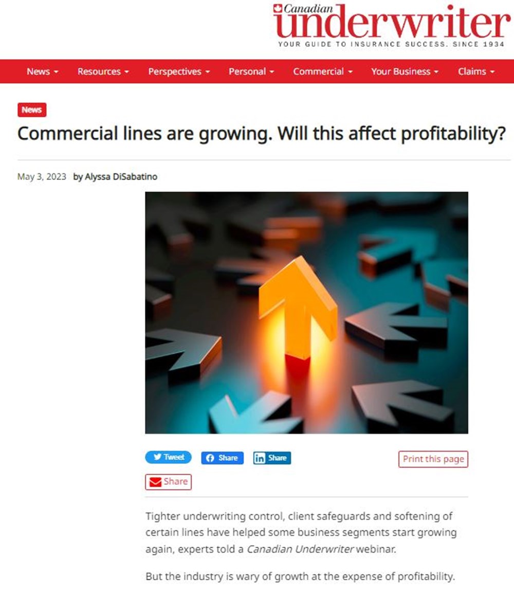 Une capture d'écran de l'article "Commercial lines are growing. Will this affect profitability?"